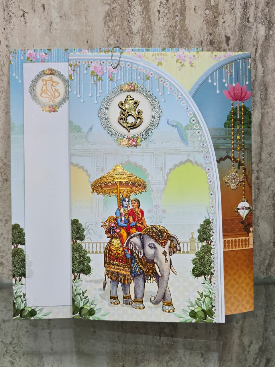 Radha Krishna Umbrella Elephant Wedding Card