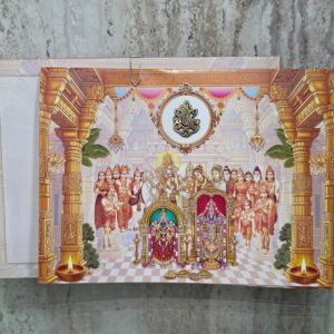 Luxury wedding invitation card featuring a golden Ganesha idol and grand Srinivasa Kalyanam in a pillared mandapam, blending royal tradition with modern elegance.