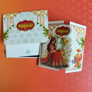 Premium Half Saree Invitation Card featuring luxurious artwork, elegant details, and a beautiful traditional theme