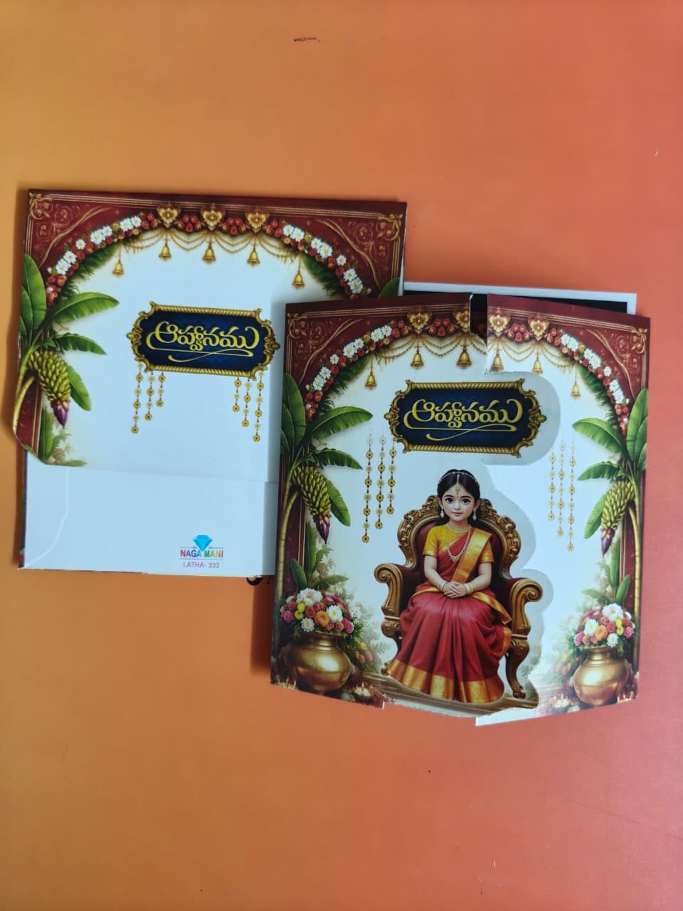 Royal Half Saree invitation with elegant traditional motifs and a luxurious finish