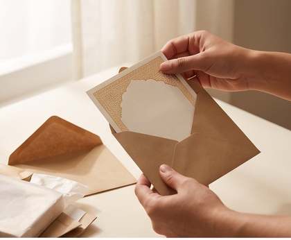 A physical printed wedding invitation sample couriered by Kothapalli Cards, packaged for delivery
